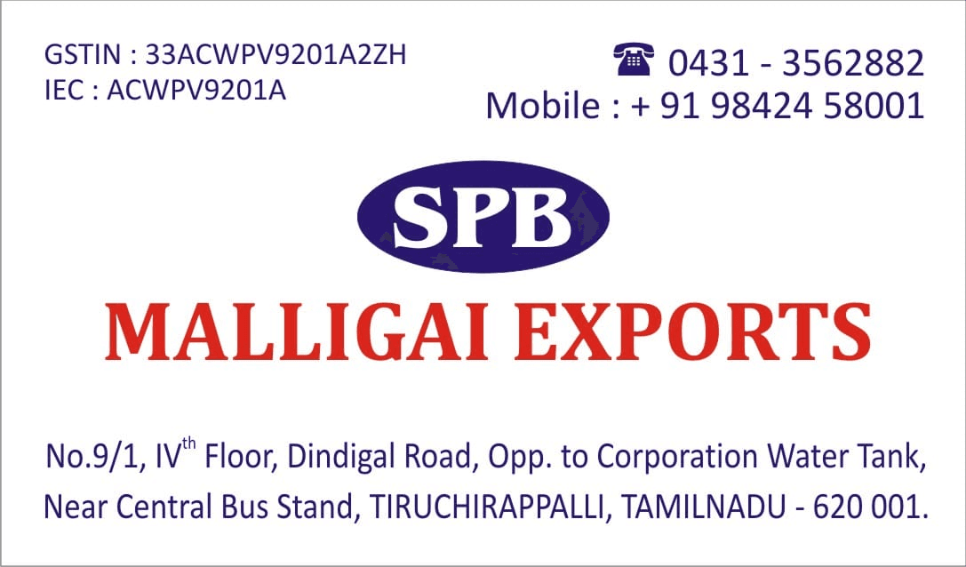 Malligai Exports official business card with GSTIN and IEC details